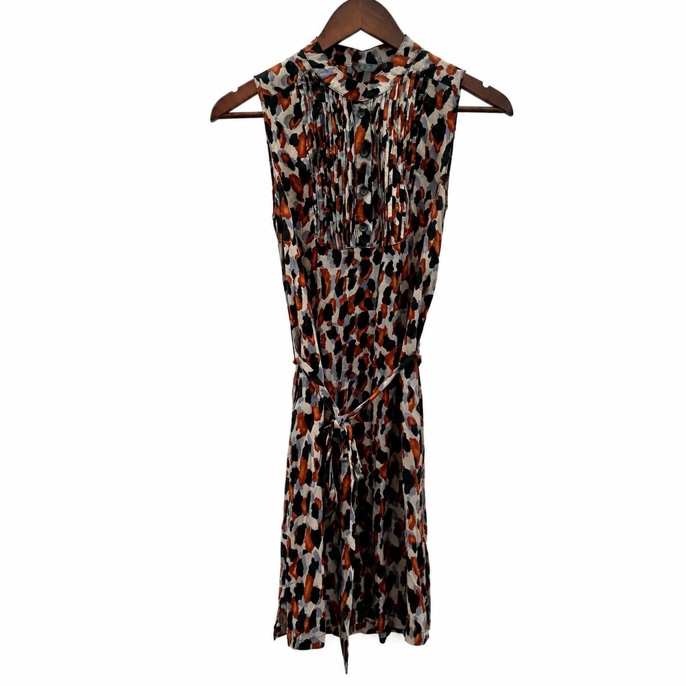 TOV Holy G Abstract Leopard Print Pleated Bib Sleeveless Rayon Dress Orange Blue